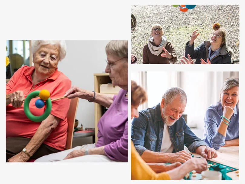 Collage: Seniorinnen und Senioren bei Aktivierungsübungen